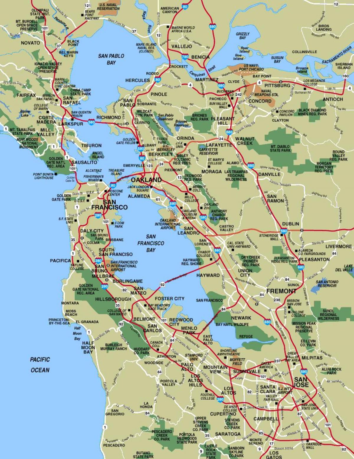 mapa měst v okolí San Francisco