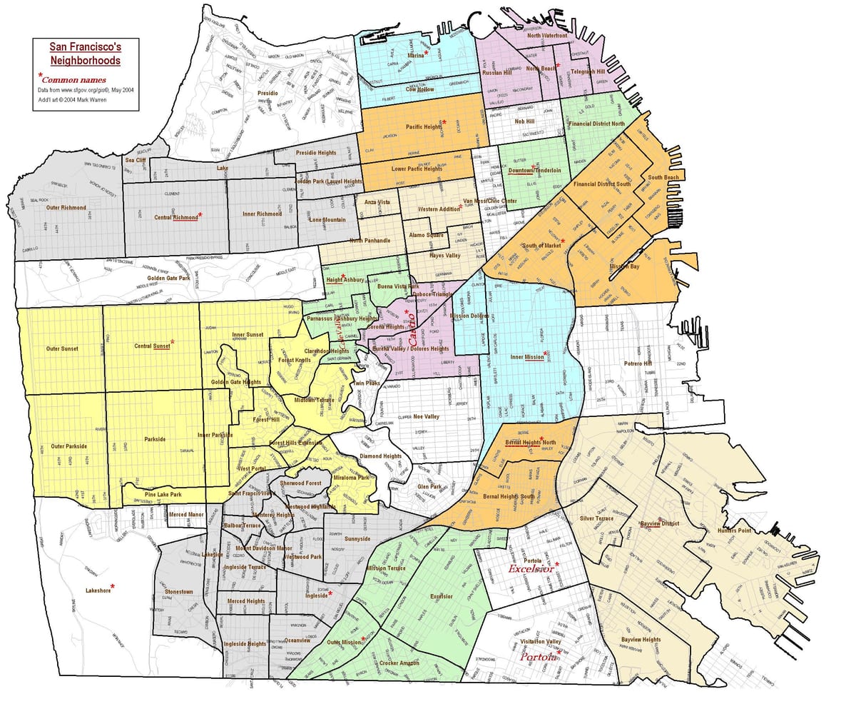 mapa San Francisco sousedství s ulicemi