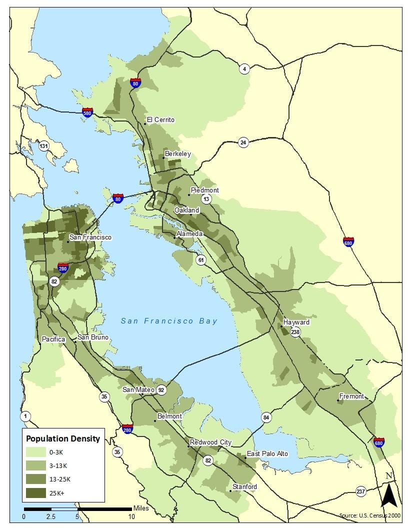 Mapa bay area, hustota obyvatel