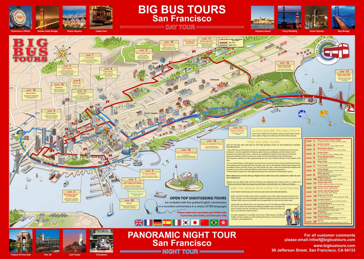 velký červený autobus San Francisco mapě