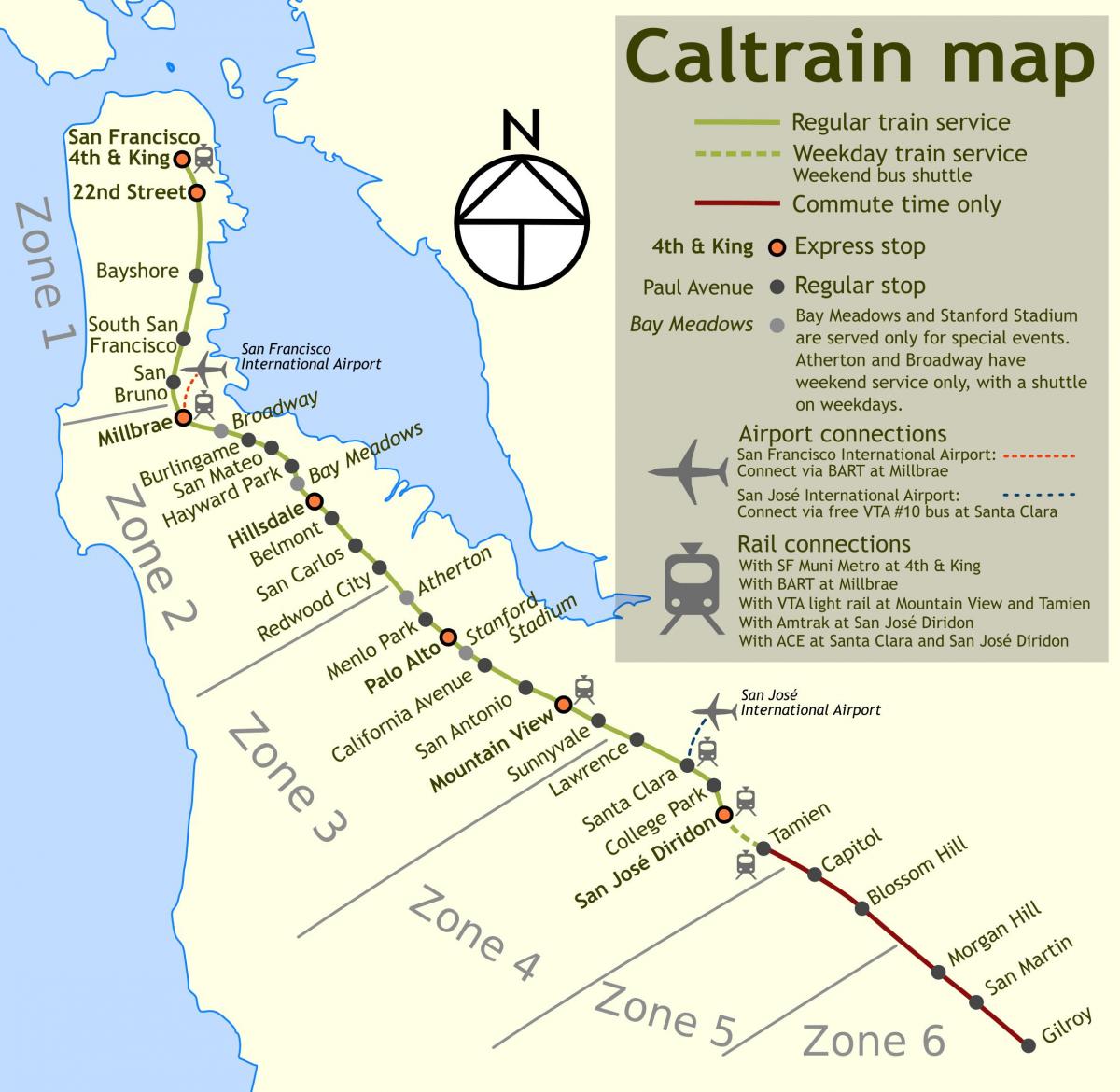 caltrain zastaví mapě