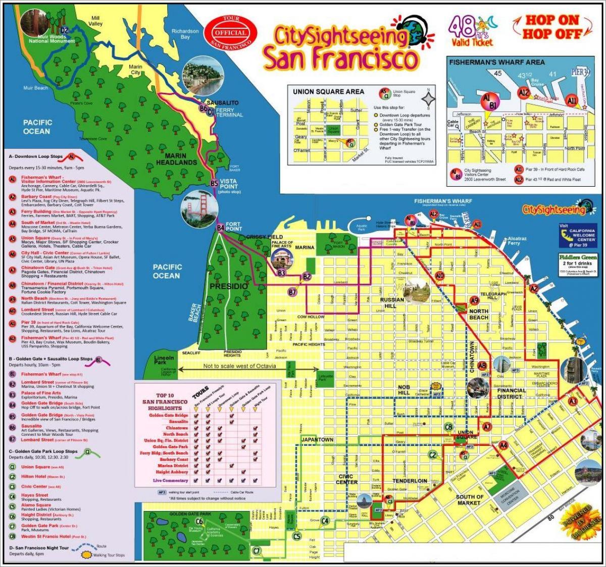 San Francisco hop on hop off bus tour mapě