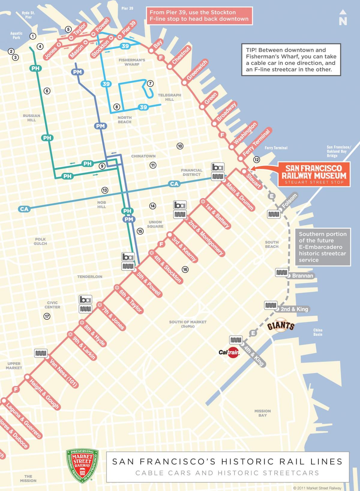 Mapa lanovky trase San Francisco, ca
