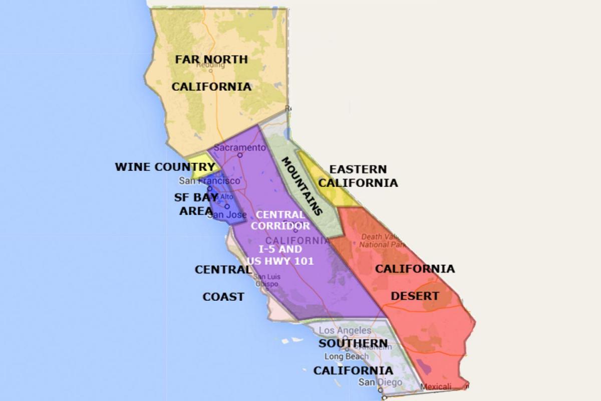 Mapa kalifornie, severně od San Francisco