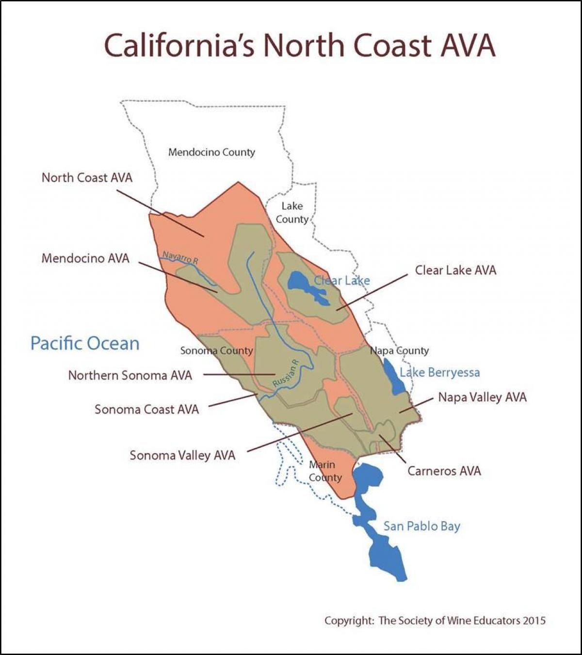 Mapa kalifornie na pobřeží severně od San Francisco