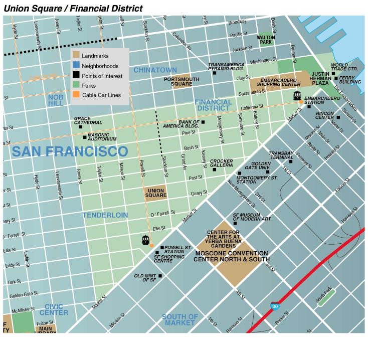 Mapa náměstí union square area, San Francisco