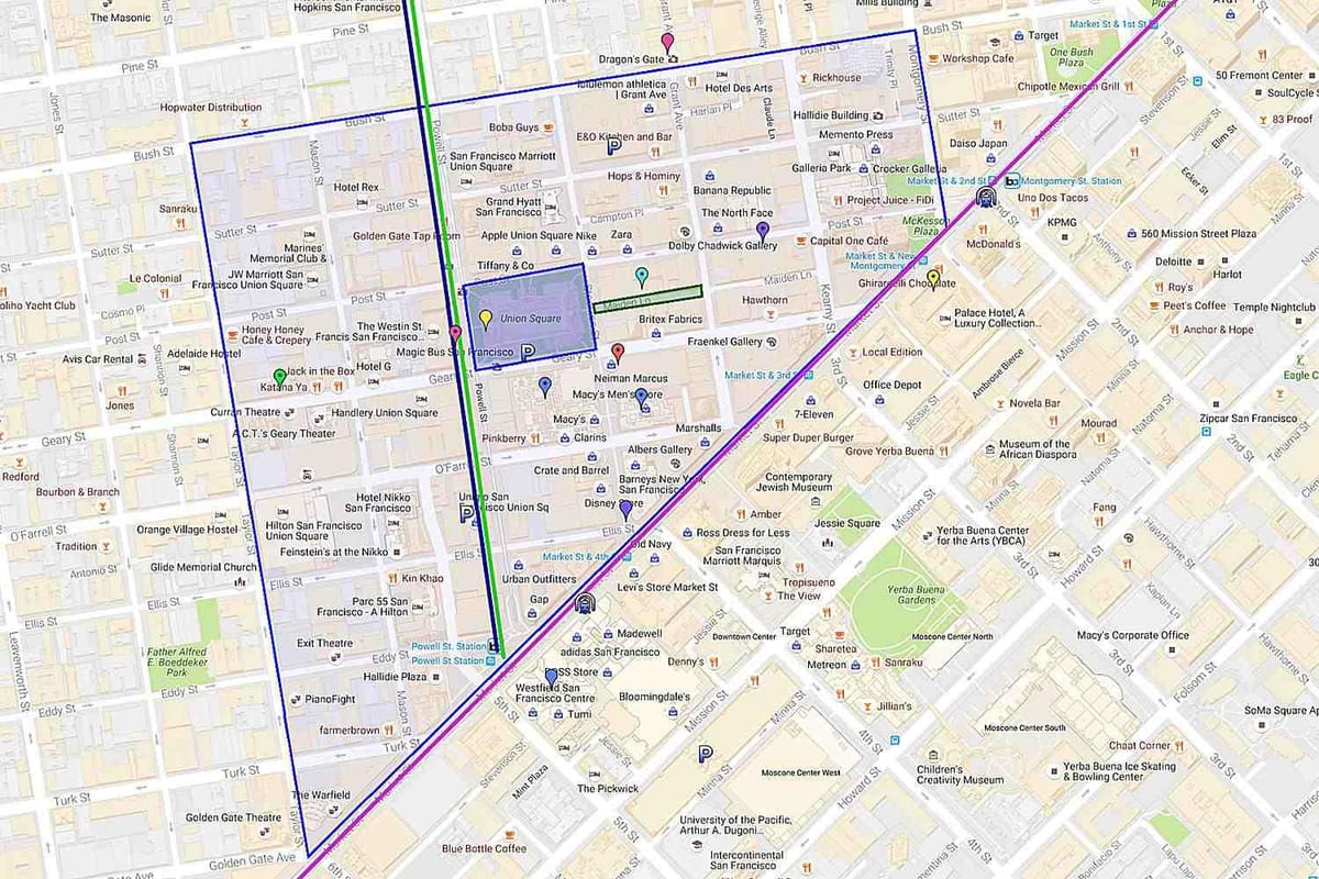 Mapa náměstí union square obchodech