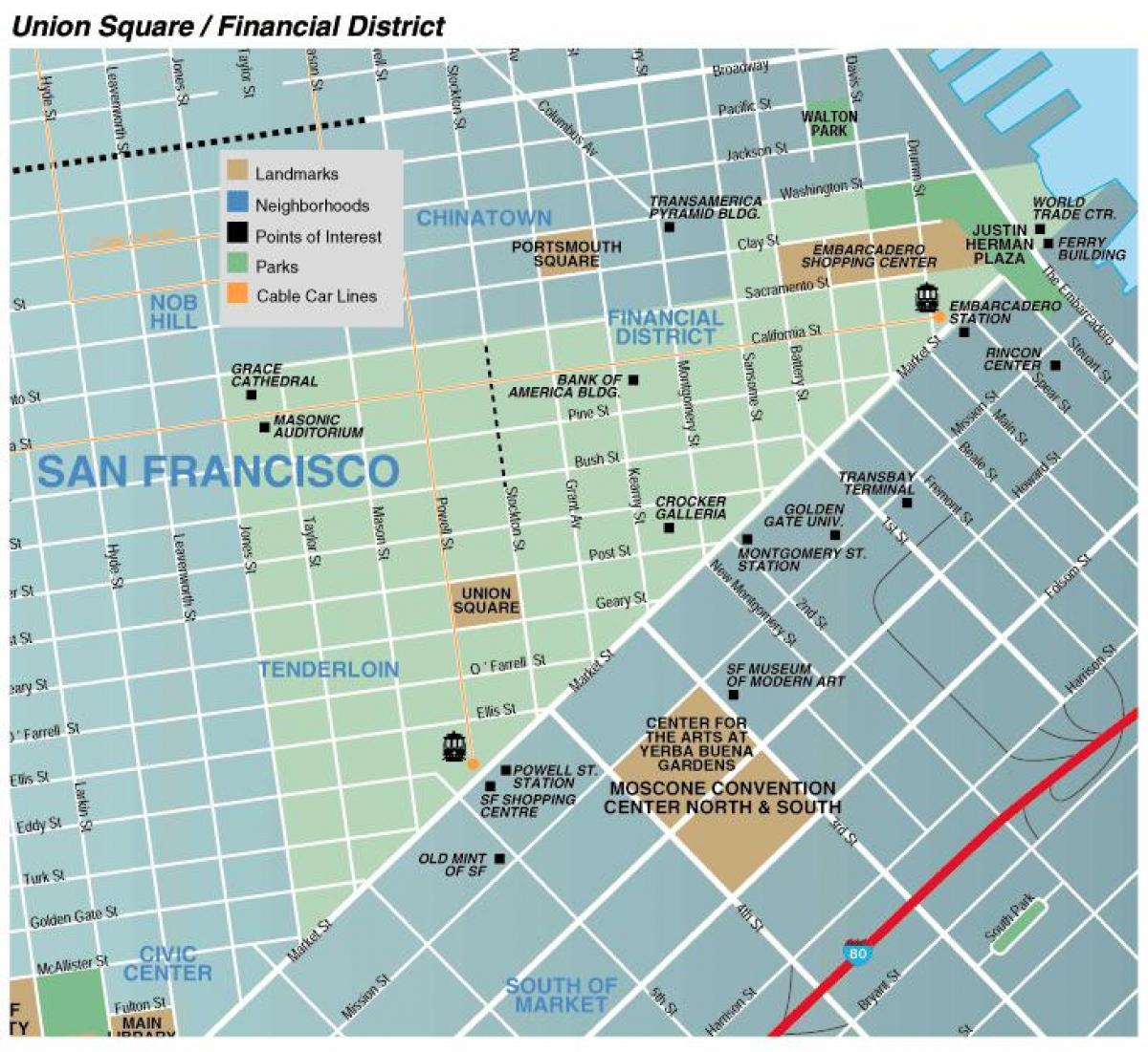 Mapa náměstí union square area, San Francisco