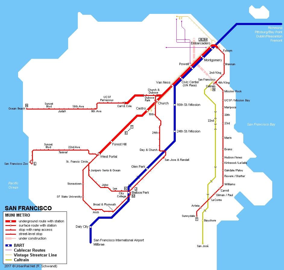 SF muni vlak mapě