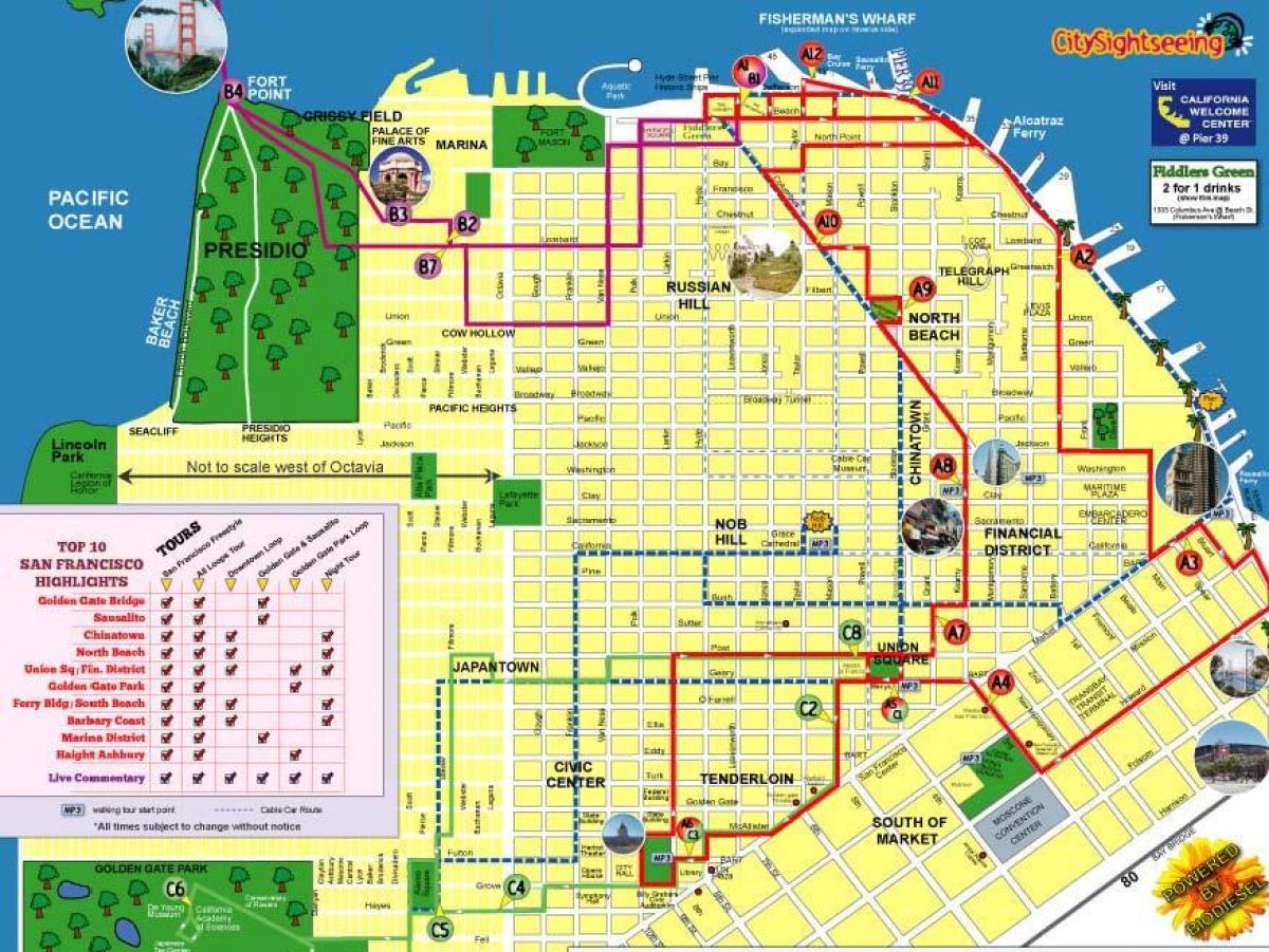 Mapa prohlídka města San Francisco trasy