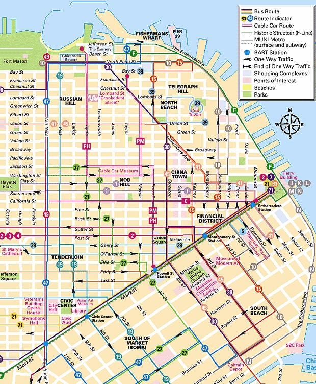 cable car v San Fran mapě