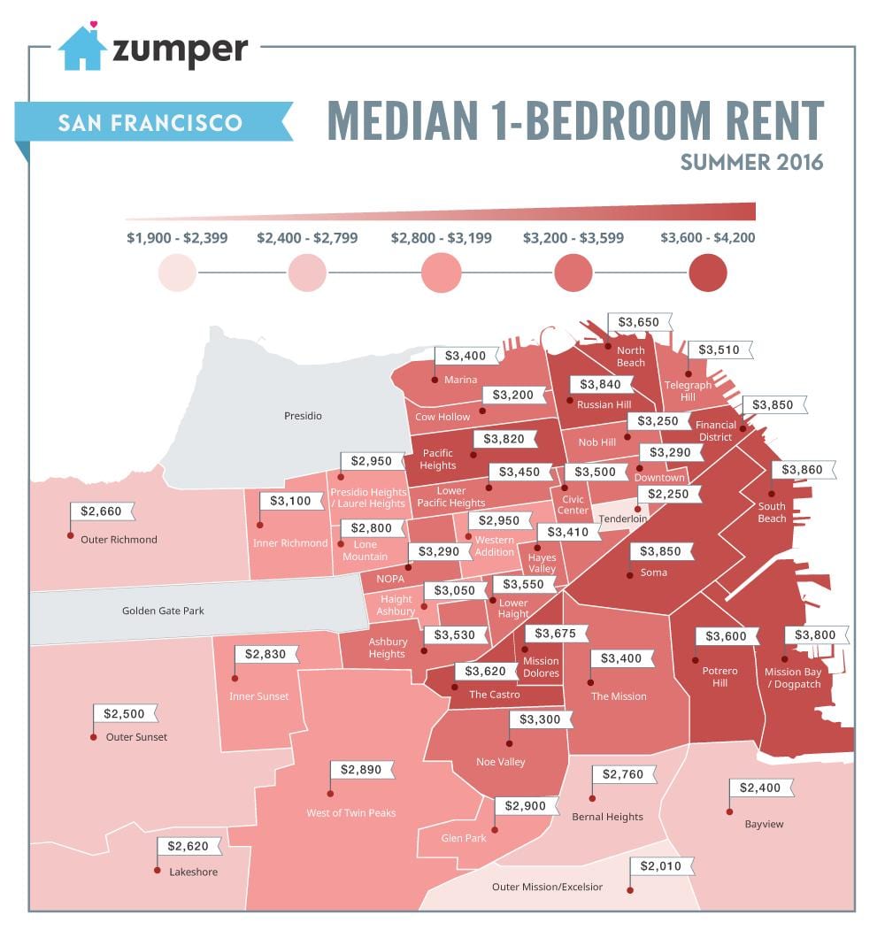 San Francisco ceny pronájmu mapě