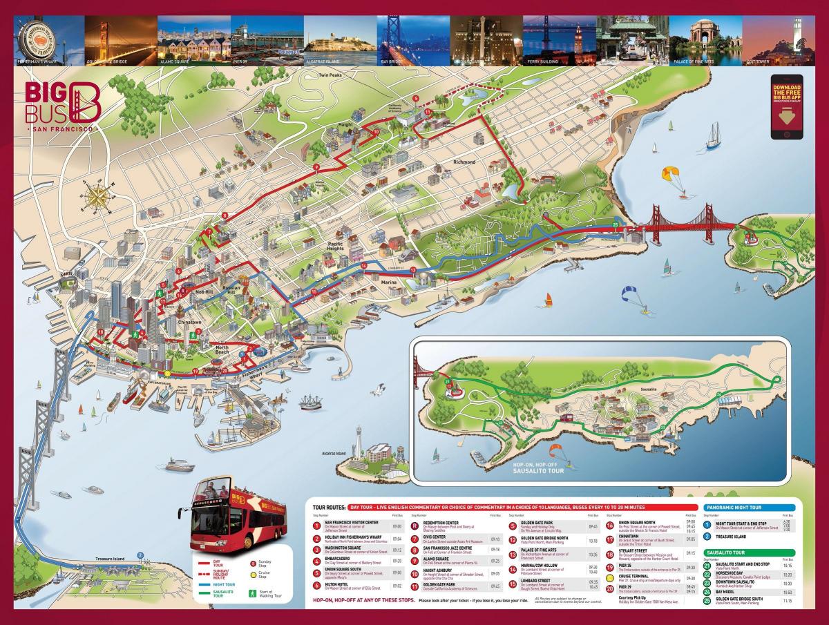 Mapa z červeného autobusu San Francisco 