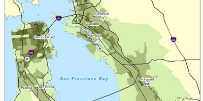 Mapa bay area, hustota obyvatel