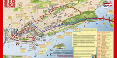 Velký červený autobus San Francisco mapě
